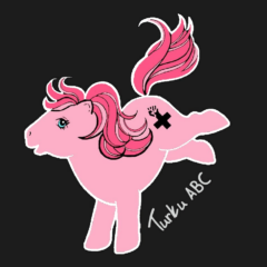 Turku ABC profile picture: a pink pony with a tattoo of the anarchist black cross emblem (a black Christian cross topped by a power fist)